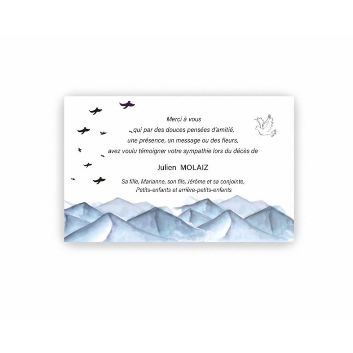 Carte remerciements décès Montagne en aquarelle des ALPES FRANCAISES et une jolie colombe