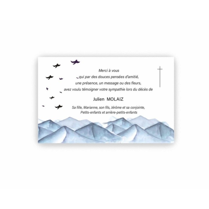 Carte remerciements décès Montagne en aquarelle des ALPES FRANCAISES et croix catholique