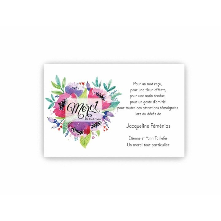 CARTE REMERCIEMENT DECES FLEURS AQUARELLE MERCI de tout coeur