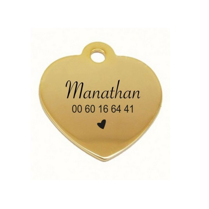 Médaille COEUR  OR grave POUR CHIEN OU CHAT personnalise,  médaille identification de qualite