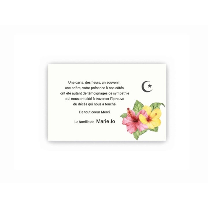 CARTE REMERCIEMENTS DECES HIBUSCUS FLEURS ROSE ET JAUNES ET CROISSANT MUSULMAN