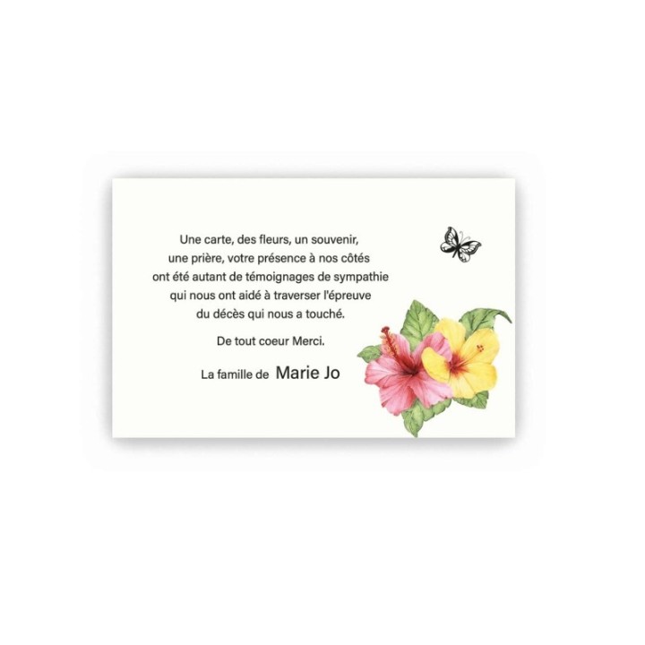 CARTE DECES, REMERCIEMENT DEUIL HIBUSCUS FLEURS ROSE ET JAUNES, et beau papillon