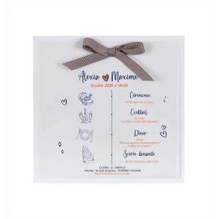 FAIRE PART MARIAGE BLANC et CALQUE TRANSPARENT joli  ruban toile gris marron