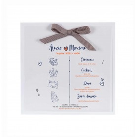 FAIRE PART MARIAGE BLANC et CALQUE TRANSPARENT joli  ruban toile gris marron