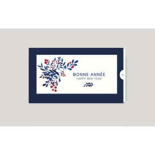 CARTE DE VŒUX entreprise  personnalisee pochette bleu marine design feuillage bleu- rouge bonne année et happy new year