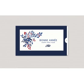VOEUX JAKARTA CARTE DE VŒUX entreprise  personnalisee pochette bleu marine design feuillage bleu- rouge bonne année et happy new year