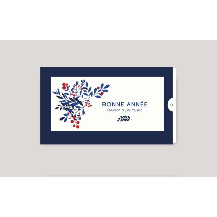 CARTE DE VŒUX entreprise  personnalisee pochette bleu marine design feuillage bleu- rouge bonne année et happy new year