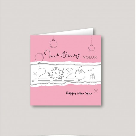 carte de vœux personnalisé Rose tendre signature 2026 graphisme en finesse  de tradition dessin aux traits  noir