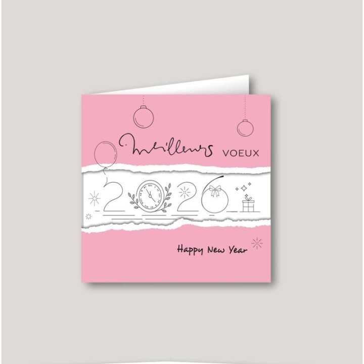 carte de vœux personnalisé Rose tendre signature 2026 graphisme en finesse  de tradition dessin aux traits  noir