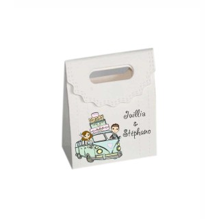 BOITE A DRAGÉE mariage  microbus RABAT DENTELLE  personnalisée  prénoms des DES MARIES