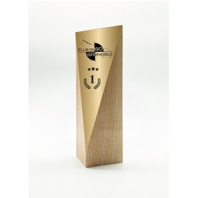 BLOC BOIS MASSIF TROPHYS trophee personnalise par une plaque triangle or grave par www.imprimeur-graveur-des-alpes.fr