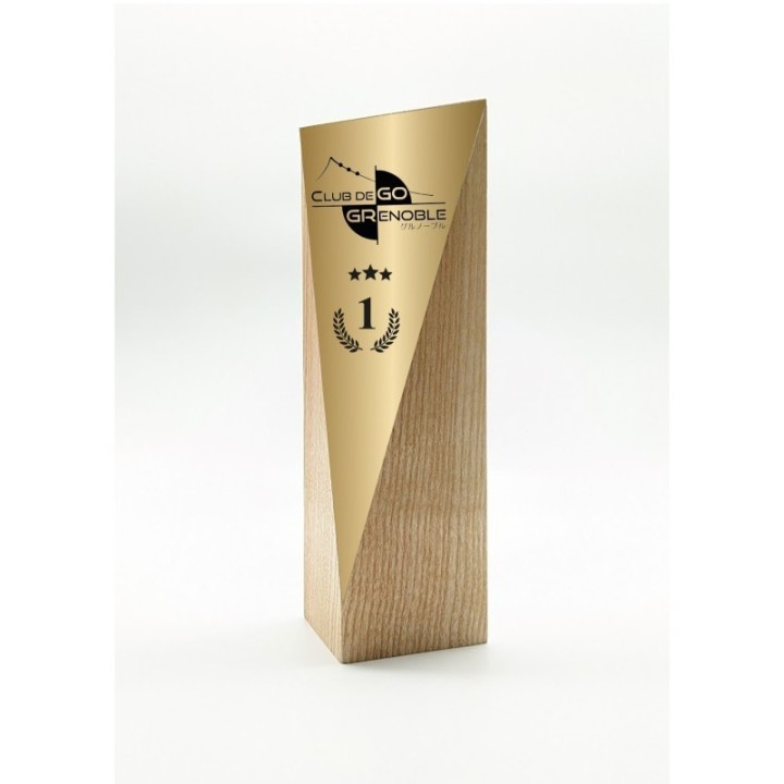 BLOC BOIS MASSIF TROPHYS trophee personnalise par une plaque triangle or grave par www.imprimeur-graveur-des-alpes.fr