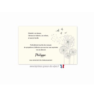 carte remerciement décès fleur de pissenlit, envol colombe, www.imprimeur-graveur-des-alpes.fr