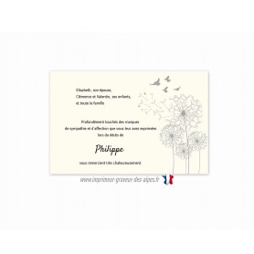 carte remerciement décès fleur de pissenlit, envol colombe, www.imprimeur-graveur-des-alpes.fr