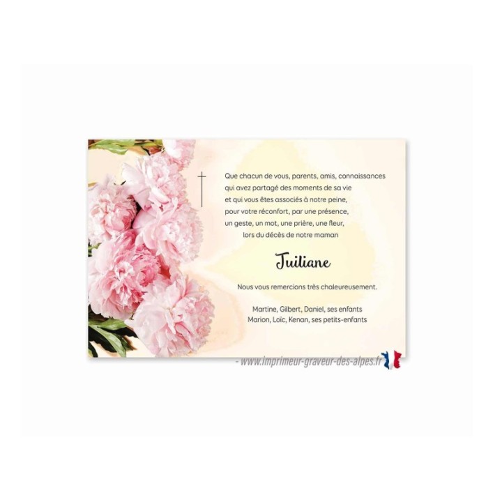 Remerciement décès, CARTE condoléances, carte funéraire fleurs Pivoines roses,