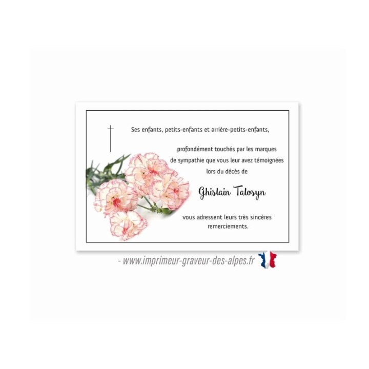carte décès, funéraire, Bouquet d’œillets roses, www.imprimeur-graveur-des-alpes.fr