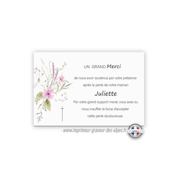 Carte décès et condoléances, fines fleurs ASTER  en bouquet,  CARTE Remerciement décès,  carte funéraire personnalisé