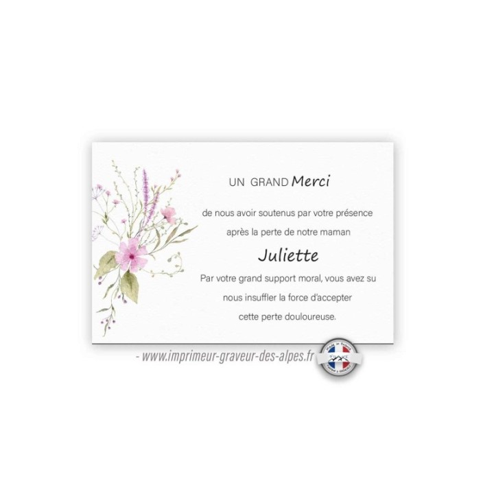 Carte remerciements décès fines fleurs ASTER  en bouquet, Remerciement deuil, condoléances, carte funéraire