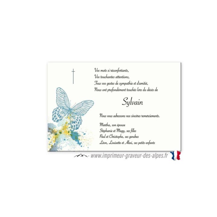 faire part décès,  Papillon Art déco bleuté, carte FUNERAIRE, CARTE Remerciement décès, condoléances, carte funéraire