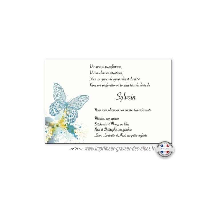 carte condoléances faire part décès,  Papillon Art déco bleuté, carte FUNERAIRE, personnalise