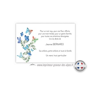 CARTE REMERCIEMENT DÉCÈS, ENVOLEE DE PAPILLON BLEU monarque www.imprimeur-graveur-des-alpes.fr