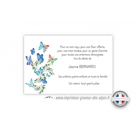 CARTE REMERCIEMENT DÉCÈS, ENVOLEE DE PAPILLON BLEU monarque www.imprimeur-graveur-des-alpes.fr