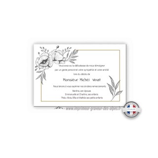 carte condoléances bouquet de fleurs noire et blanc, www.imprimeur-graveur-des-alpes.fr