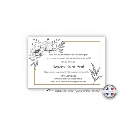 carte condoléances bouquet de fleurs noire et blanc, www.imprimeur-graveur-des-alpes.fr