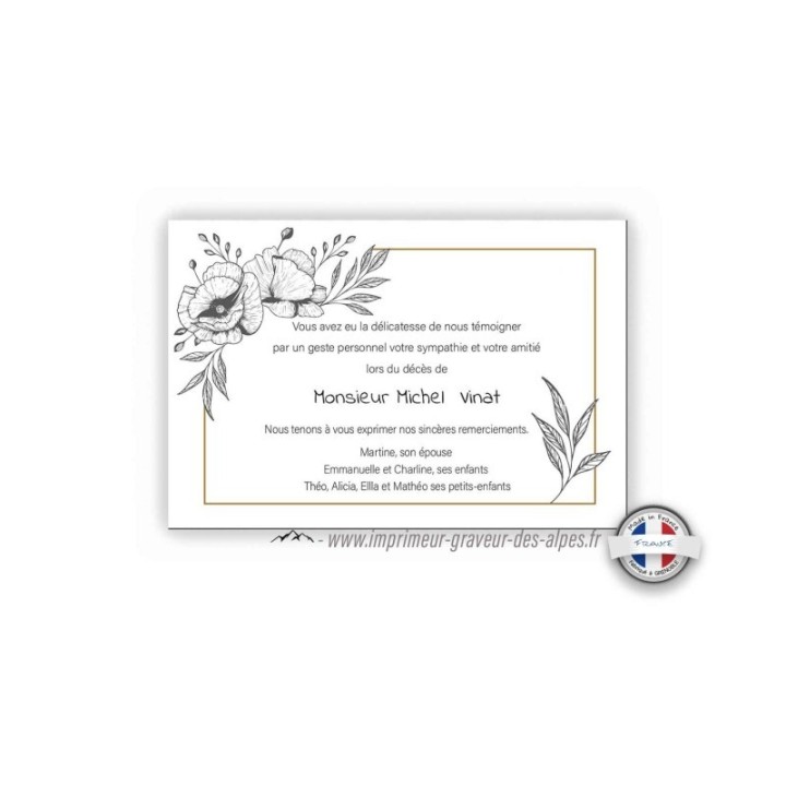 carte condoléances bouquet de fleurs noire et blanc, www.imprimeur-graveur-des-alpes.fr