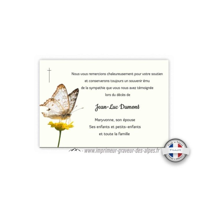 CARTE REMERCIEMENTS DÉCÈS, papillon vol sur une fleur pâquerette jaune, www.imprimeur-graveur-des-alpes.fr