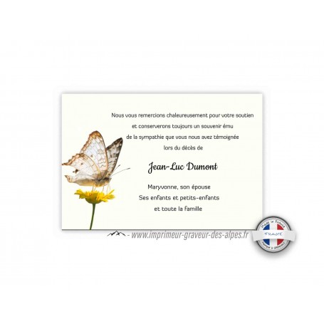 FAIRE PART DÉCÈS, papillon vol sur une fleur pâquerette jaune, www.imprimeur-graveur-des-alpes.fr