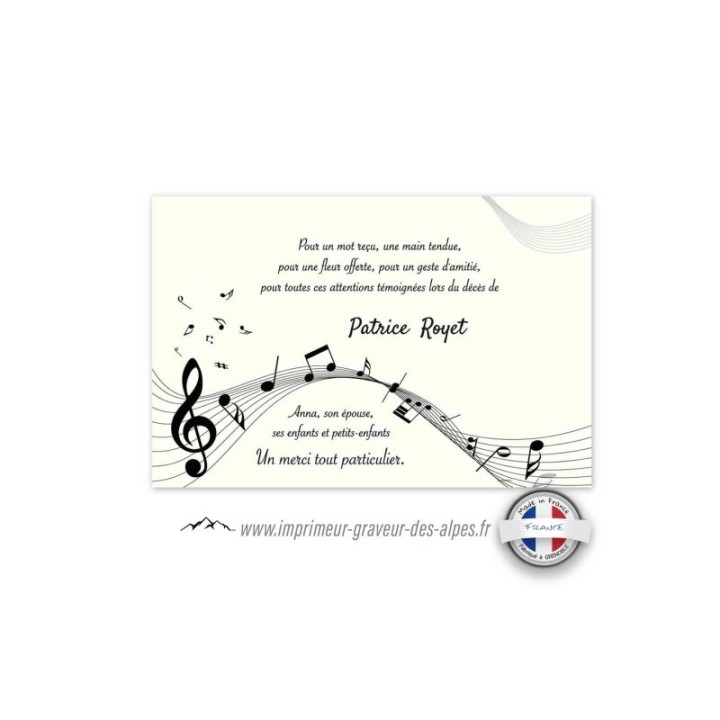 CARTE REMERCIEMENT DÉCÈS, note de musique, musicien et mélomane www.imprimeur-graveur-des-alpes.fr