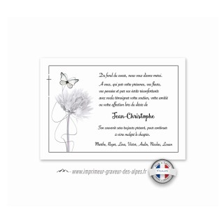 carte remerciements décès,  artiste fleur design au joli  papillon vole, www.imprimeur-graveur-des-alpes.fr