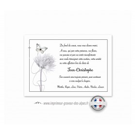 carte remerciements décès,  artiste fleur design au joli  papillon vole, www.imprimeur-graveur-des-alpes.fr