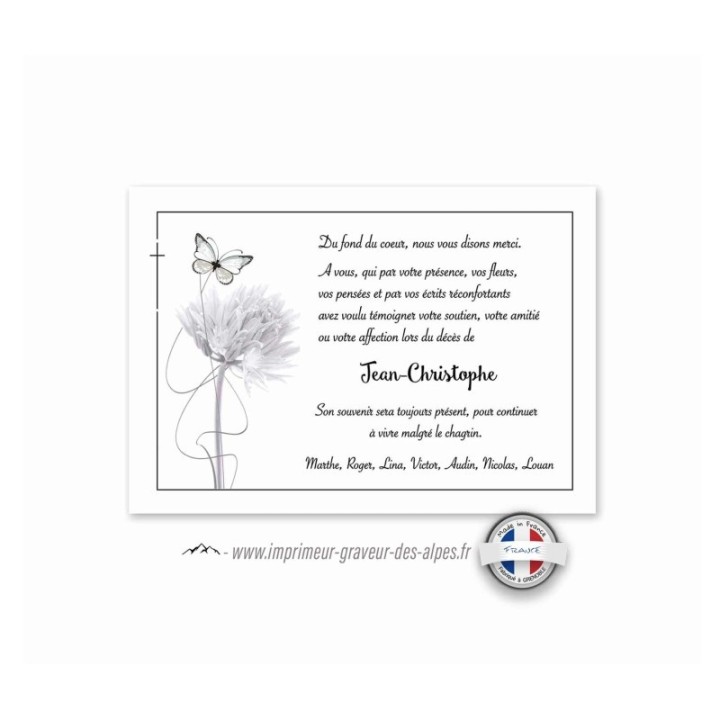 carte remerciements décès,  artiste fleur design au joli  papillon vole, www.imprimeur-graveur-des-alpes.fr