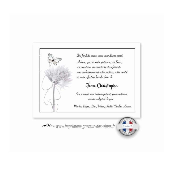 carte remerciement décès,  condoléance artiste fleur design au joli  papillon vole, www.imprimeur-graveur-des-alpes.fr
