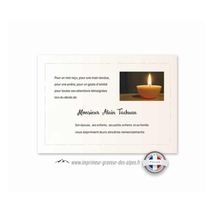 carte remerciement  condoleance, bougie de la veillée funéraire, www.imprimeur-graveur-des-alpes.fr