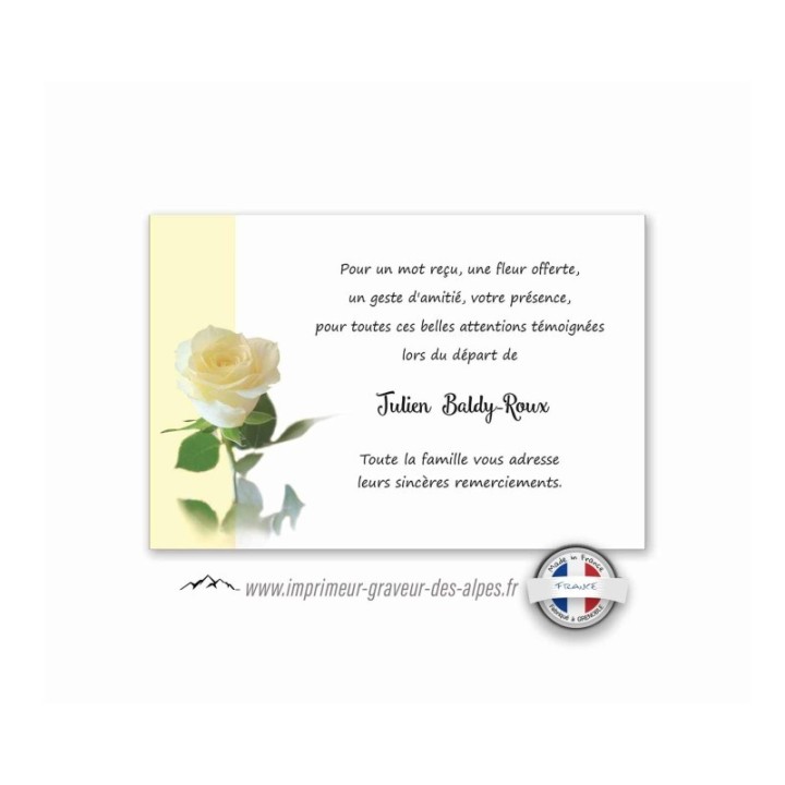 carte remerciement condoléances, Rose  TRESOR, www.imprimeur-graveur-des-alpes.fr