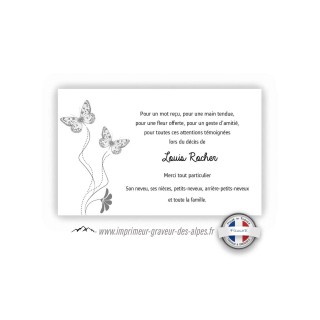 carte remerciement décès  personnalisee papillon MACHAON, www.imprimeur-graveur-des-alpes.fr