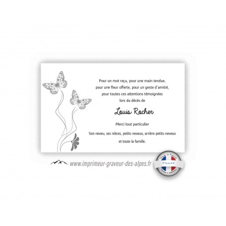carte remerciement décès  personnalisee papillon MACHAON, www.imprimeur-graveur-des-alpes.fr