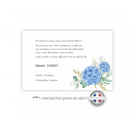 CARTE REMERCIEMENT DECES  FLEURS HORTENSIA BLEUE, www.imprimeur-graveur-des-alpes.fr