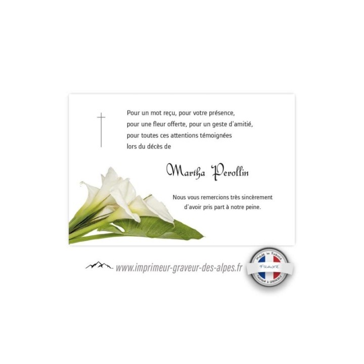 Carte remerciements décès arums blanc ORPHEYS, imprimeur-graveur-des-alpes.fr