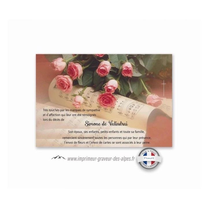 carte remerciement partition de musique  décès, condoléances, roses de brehatt, www.imprimeur-graveur-des-alpes.fr