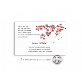 carte remerciements décès branche de fleurs de cerisiers. www.imprimeur-graveur-des-alpes.fr