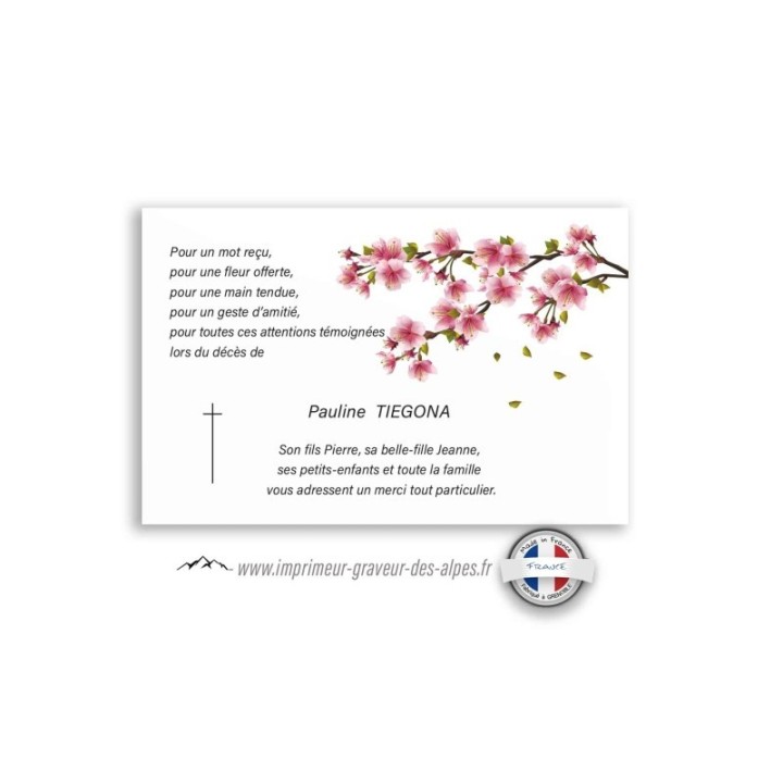 carte remerciements condoléance, branche de fleurs de cerisiers. www.imprimeur-graveur-des-alpes.fr