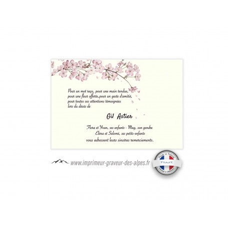 Carte remerciements décès,  fleurs rose du japon, www.imprimeur-graveur-des-alpes.fr