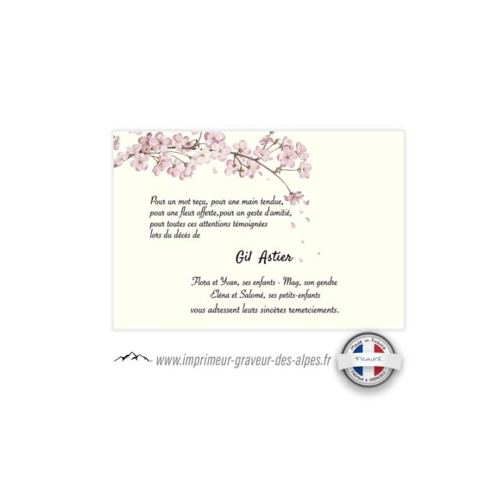 Carte remerciements décès,  fleurs rose du japon, www.imprimeur-graveur-des-alpes.fr