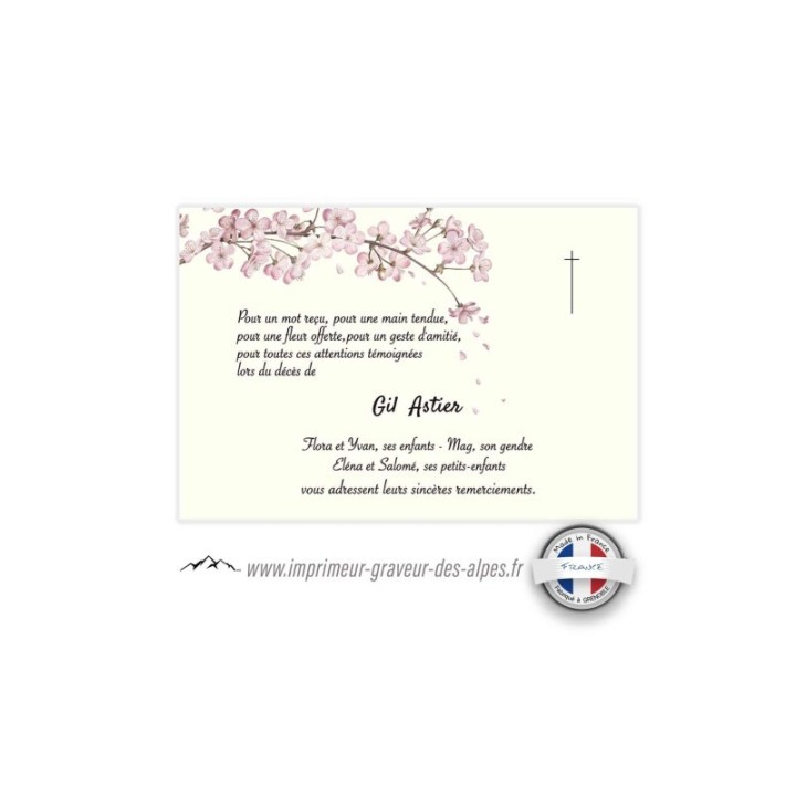 Carte remerciements condoleance,  fleurs rose du japon, www.imprimeur-graveur-des-alpes.fr