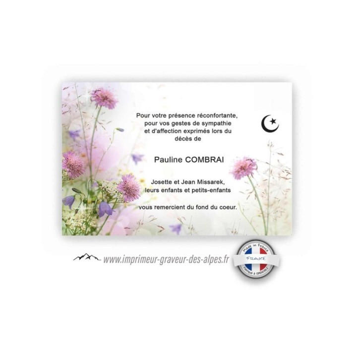 carte funeraire décès, fleurs des champs sauvages, croissant musulman, www.imprimeur-graveur-des-alpes.fr