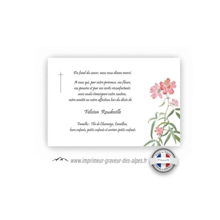 CARTE CONDOLEANCES, fleurs rose blanche DE VERDURE, croix de religion, www.imprimeur-graveur-des-alpes.fr